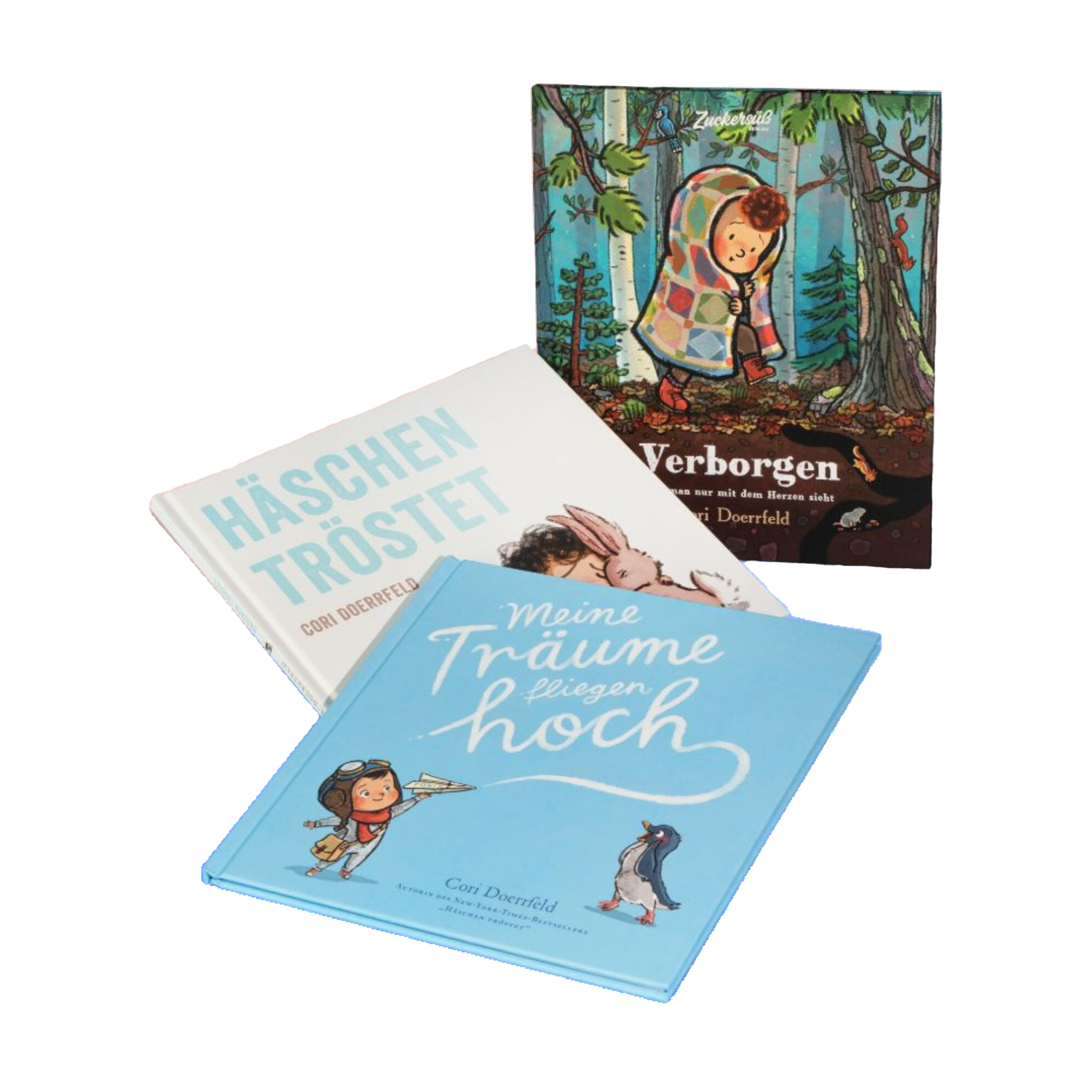 Das Bücherpaket „Best of Cori Doerrfeld“ vom Zuckersüß Verlag umfasst drei illustrierte Kinderbücher mit farbenfrohen Covern und liebevollen Motiven von Kindern und Tieren.